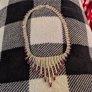 Vintage 1960s MCM Silver Tone Red Fringe Costume Jewelry Statement Necklace